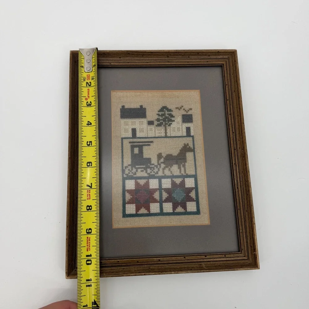 Vintage Framed Cross Stitch Sampler Primitive Folk Art Horse Carriage Quilt Star